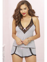 Load image into Gallery viewer, 2 Piece Grey Cami Set With Black Lace And Pink Ribbons