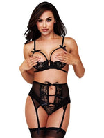 BACI 3139 - 3 Piece Show Me Bra , Garter, Crotchless Panty Set - Black